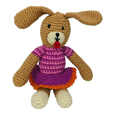 #ad Pebble Crochet Knit Brown Rabbit 12quot; Plush Baby Rattle Stuffed Animal Lovey Toy $10.95