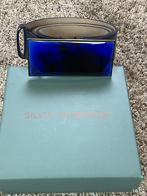 #ad Silvia Tcherassi Belt Large Blue Dora Leather Stone Embellishment Adjustable $150.00