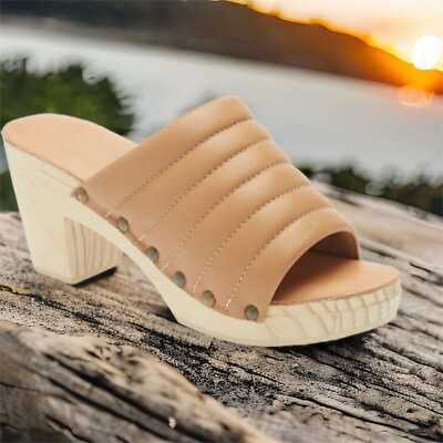 #ad BEEK Roller Wooden Platform Clog Sandal Heel Honey Tan size 9 Womens Memory Foam $128.00