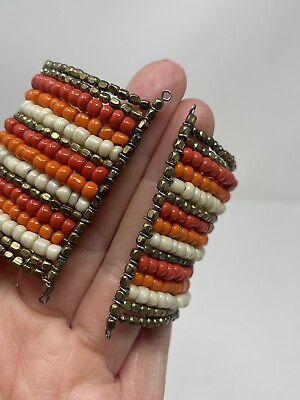 #ad Boho Wire Wrap Memory Bracelet Beaded Coral Bronze Tones Multi Layer Stack $7.99