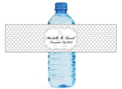 #ad 100 Silver Quatrefoil Moroccan Monogram Wedding Anniversary Water Bottle Labels $24.95