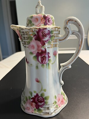 #ad Vintage Nippon Hand Painted White Pink Roses Porcelain Coffee Pot $59.99