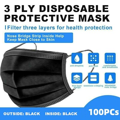 #ad 100 Pcs Black Face Mask Non Medical Surgical Disposable 3Ply Earloop Mouth Cover $8.97