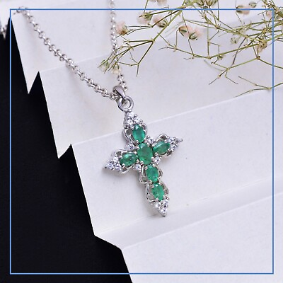 #ad AAA Natural Emerald Cross Fine Pendant 925 Sterling Silver Necklace Jewelry $91.99