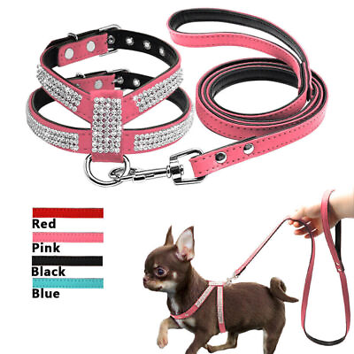 #ad Pet Small Dog Harness Collar And Leash Set Leather Rhinestone For Chihuahua S L $12.63