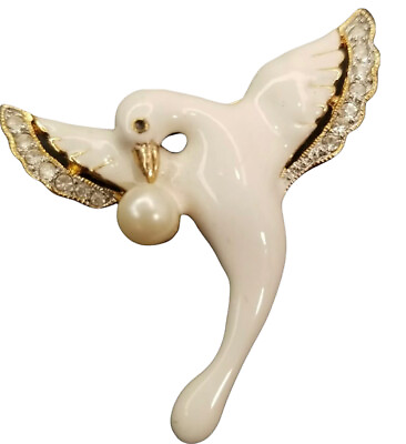 #ad Enamel White Dove Bird Brooch Rhinestones And Pearl $24.99