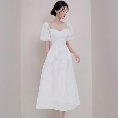 #ad Lady French New Puff Sleeve Mid Length Dress Women#x27;s Party Chic White Gown New $49.48