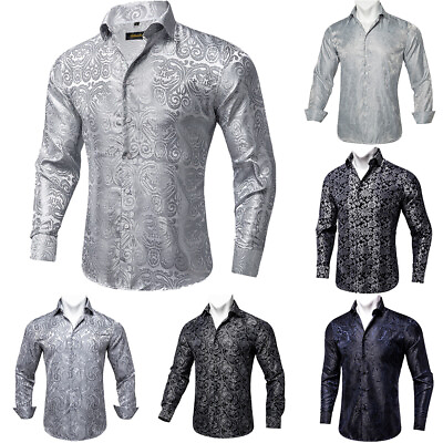 #ad Mens Dress Silk Shirt Long Sleeve Black Blue Paisley Casual Button Down Shirts $17.14