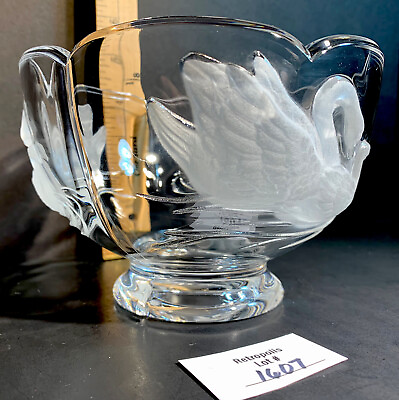 #ad Clear and Frosted Glass Figural Swan Lead Crystal Candy Bowl Teleflora Gift $38.00