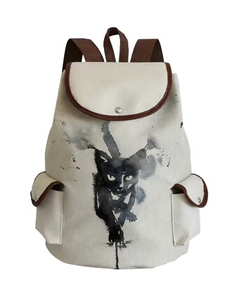 #ad NEW Black Cat Backpack Canvas amp; Leather Super Cute Tote Bag Duffle $35.00