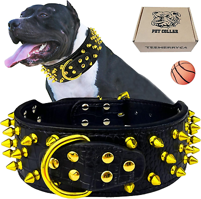 #ad Wide Leather Spiked Studded Black Dog Collars with Gold Studs for Small Mediu... $23.99