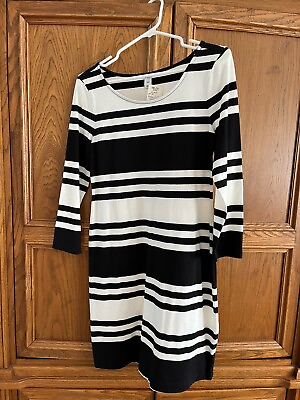 #ad Misses Black White Striped Dress Sze Small 3 4 Sleeves $15.99