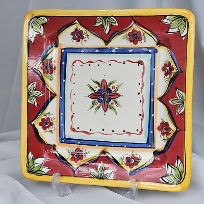 #ad JCP Home Collection Dionisa Sq Plate Platter 10.5quot; Red Flower Border Yellow Trim $6.69