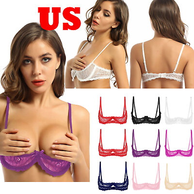 #ad US Women#x27;s Sexy 1 4 Cup Lace Bra Balconette Mesh See Through Bralette Tops $6.13