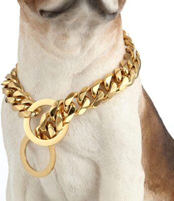 #ad Silver Gold Stainless Steel Dog Chain Collar Cuban Link Chain Collar 11 15 19MM $15.19