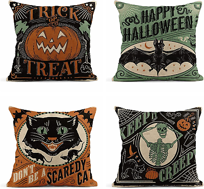 #ad Vintage Halloween Throw Pillow Covers Set of 4 Linen Pillowcase Sofa Bed Couch $20.99