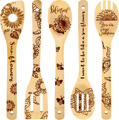 #ad 5 Pieces Sunflower Wooden Spoons Set Burned Cooking Utensil Spoon Sunflower Kitc $15.17