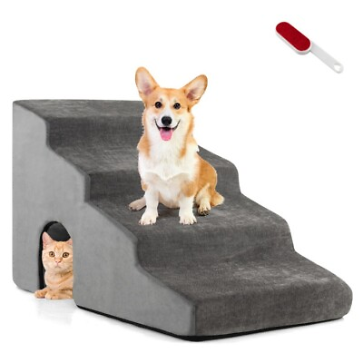 #ad 4 Tier High Density Foam Dog Ramps Extra Wide Pet Stairs W Non slip Bottom Gray $43.96