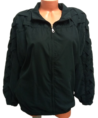 #ad Teddi black criss cross panel long sleeve pockets full zipper lined jacket 1X $17.99