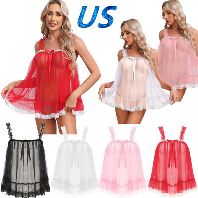 #ad US Women#x27;s Lace Lingerie Babydolls See Through Mesh Tops Nightwear Sexy Chemise $10.43