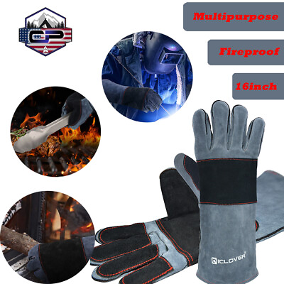 #ad 16quot; Leather Welding Gloves Heat Fire Resistant Cooking BBQ Grill Oven Blacksmith $20.99