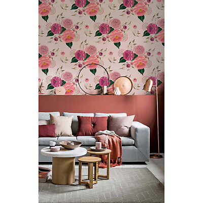 #ad Pink spring floral Non woven wallpaper pink and white Home Decor Wallcover $175.95