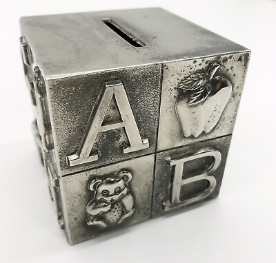#ad Vtg Silver Plated Piggy Bank ABC Baby Block Cube Cat Dog Giraffe Elephant $11.95