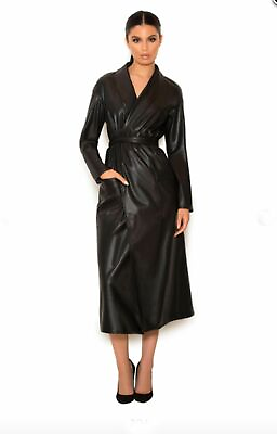 #ad Women Black Trench Coat Genuine Lambskin Real Leather Long Overcoat Soft Jacket $159.20