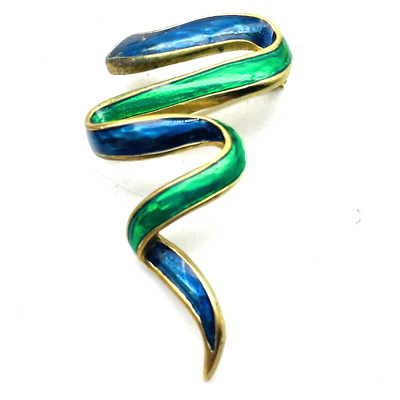 #ad Abstract Zig Zag Ribbon Pin Gold Tone Blue Green Artistic Modern Retro Classic $9.99