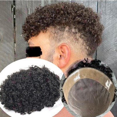 #ad European Human Hair Mens Toupee Mono Base with PU Around 12mm Curly Hairpieces $304.11