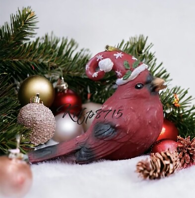 #ad Cardinal Bird In Santa Hat Covered In Snow Christmas Tree Ornament NWT $15.00