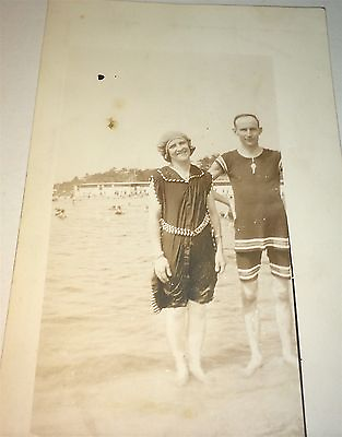 #ad Antique American Couple at the Beach Swimsuit Fashion Real Photo Postcard RPPC $30.59