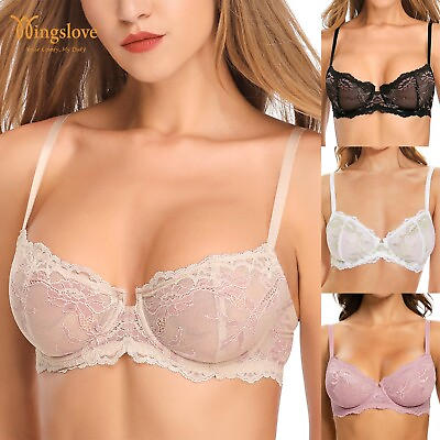 #ad Wingslove Women#x27;s Sexy Lace Bra Unlined Underwired Sheer Push Up Bras Plus Size $16.64