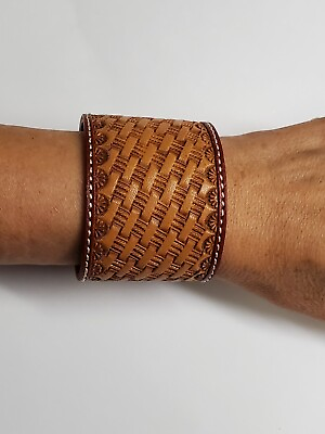#ad Unisex Tan Stamped Leather Basket Weave Wide Cuff Bracelet $30.00