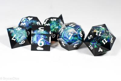 #ad Deep Nether Sharp Edge Resin 7 Dice Dice Blue Green and Black w White Numbers $29.99