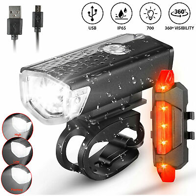 #ad USB Rechargeable LED Headlight Bike Front Rear Tail Light Cycling Flash Lamp Set $6.97