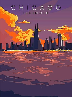 #ad Chicago Illinois at sunset Retro Travel Art Deco Poster Print $10.49