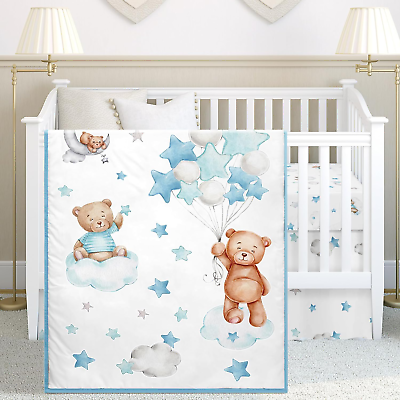 #ad 3 Pcs Cloud Balloon Bear Theme Crib Bedding Set for Boys Baby Nursery Mini Crib $65.86