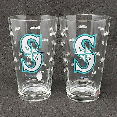 #ad Set of 2 Seattle Mariners Etched Pint Glass Big S Logo Compass Logo $16.23