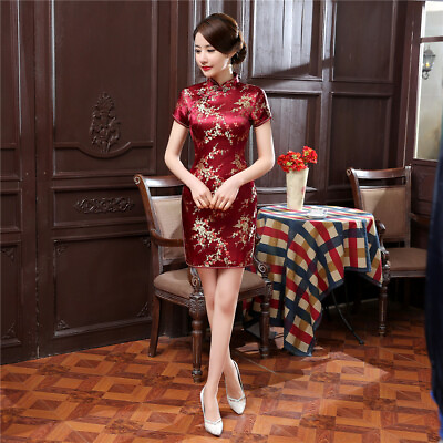 #ad Women Sexy Summer Qipao Dress Chinese Short Silk Satin Cheongsam Evening Gown $18.99
