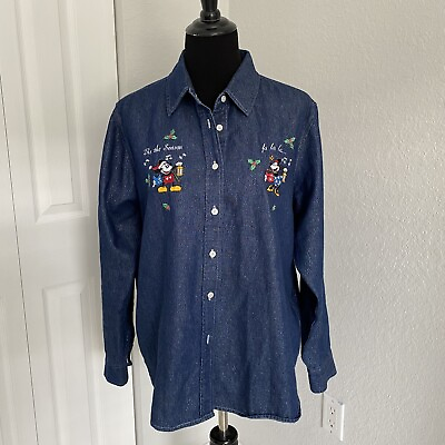 Disney Christmas XL button up shirt mickey minnie embroidered metallic shiny $29.99