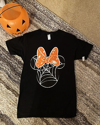 #ad Disney Black XS Minnie Halloween Spider Web Ears Orange Bow T Shirt Jrs. NWT $15.99