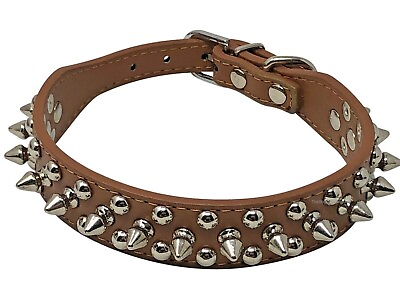 #ad Dog Collar Studded amp; Spikes Rivet 1quot; wide Adjustable Faux Leather Brown S M L $11.98
