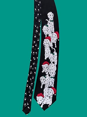 #ad 100% Silk Tie Christmas Dalmation Puppies Red Hats Green Bows Paws dogs Black $6.25