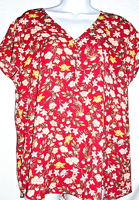 #ad Ann Taylor Loft Women#x27;s Large Red Pink Floral Chiffon Blouse Petal Sleeve V Neck $15.99