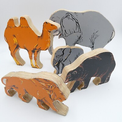 #ad Wooden Elephants Camel Lion Bear Wild Zoo Animal Blocks Lithograph Toys Vintage $39.98