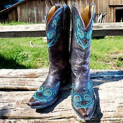 #ad Old Gringo Swarovski Crystal and Embroidery Boots Brown and Turquoise US 9 $400.00