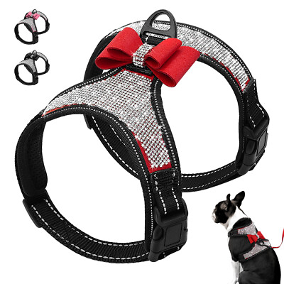#ad Bling Rhinestone Dog Strap Harness Reflective Cute Bowtie Adjustable Nylon Black $14.99