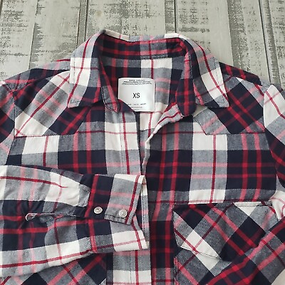 #ad ZARA WOMAN Button Up Top Sz XS Western Snap Button Roll Tab Sleeve Plaid Flannel $17.99