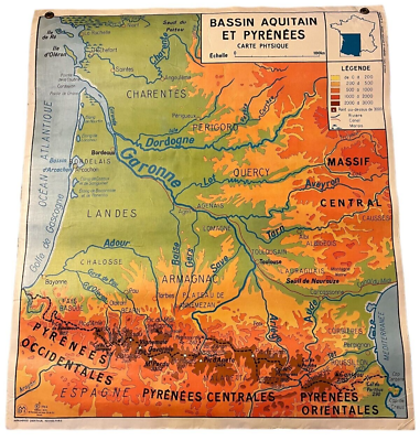 #ad School Map France 1964 Double sided Bassin Aquitain et Pyrenees Alpes Jura VTG $179.94